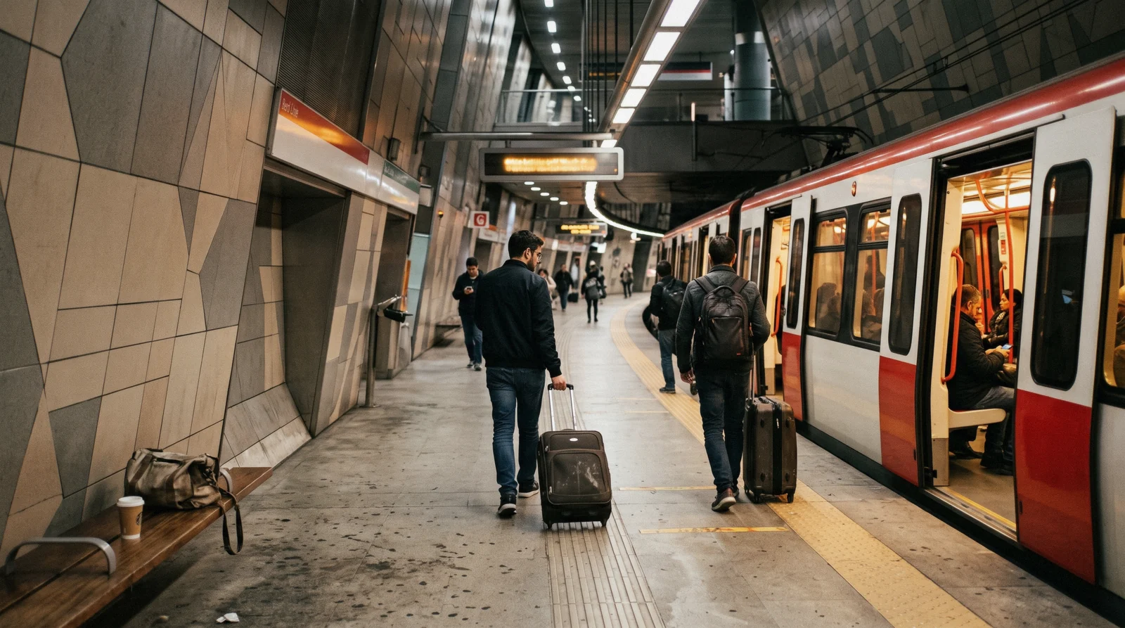 A red-line metro train at the Aeroporto platform, the ride from Lisbon airport to the city center