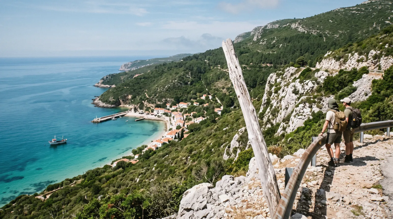 The white limestone slope of the Serra da Arrábida dropping to the turquoise water of Portinho da Arrábida, the beach at the centre of an Arrábida day trip from Lisbon