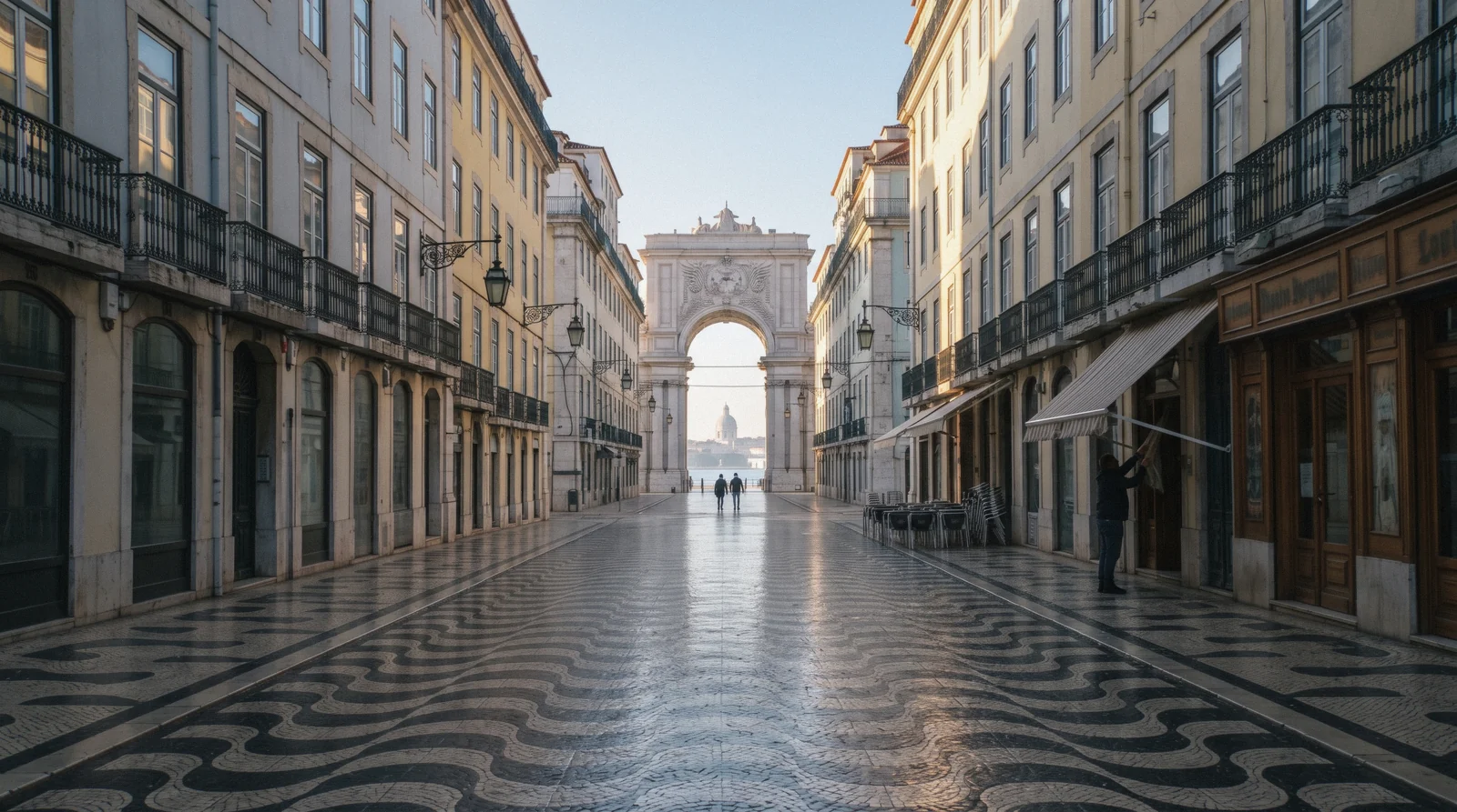 Rua Augusta at 08:00 looking down the empty pedestrian street to the arch and the river with the black-and-white pavement still wet, Baixa Lisbon