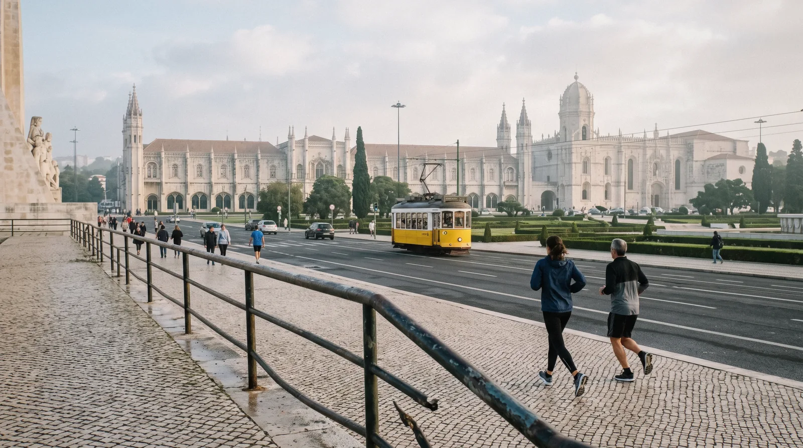 The Belém riverfront at 08:50 seen from the Padrão side, the Jerónimos façade behind the gardens and a tram crossing, Belém Lisbon
