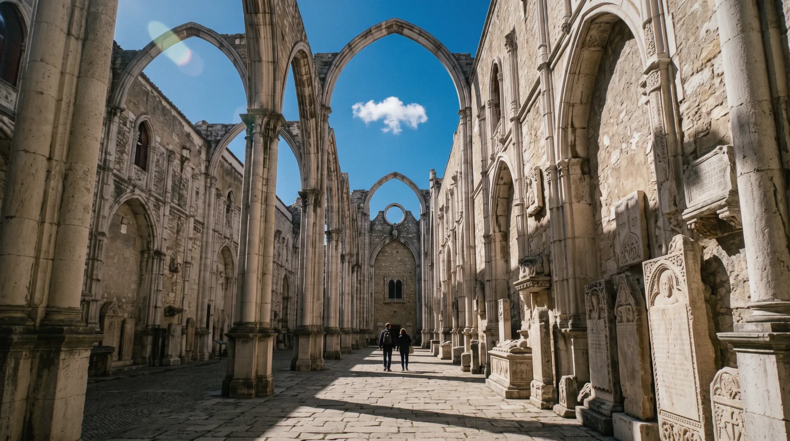 The roofless Gothic arches of the Carmo Convent nave against the sky at 10:10, Carmo Convent Lisbon