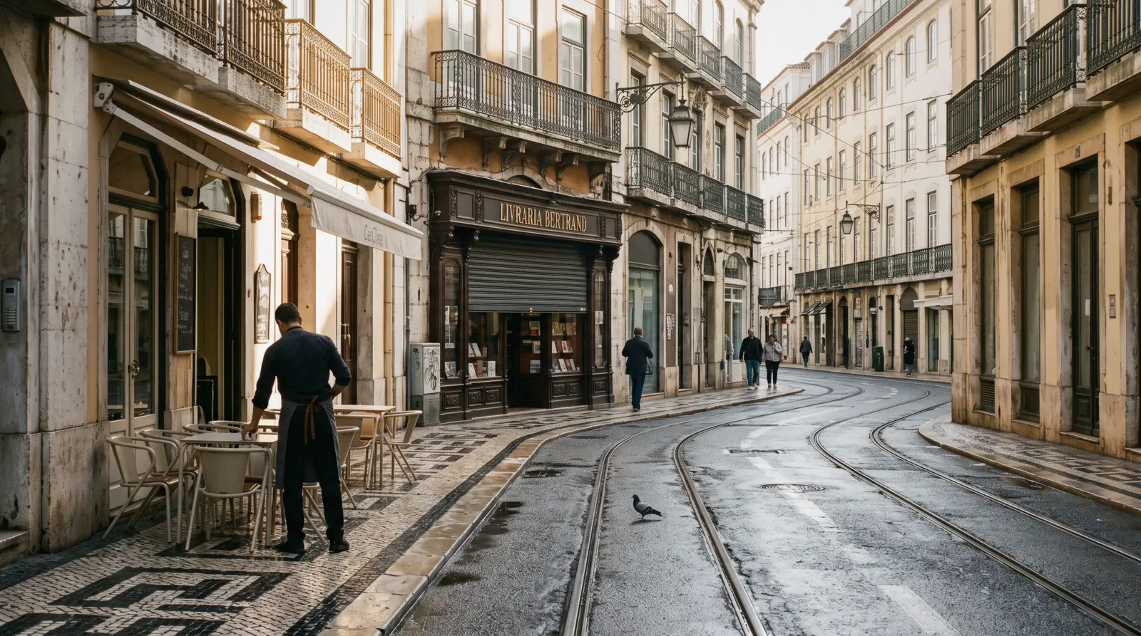 Rua Garrett at 08:40 with the tram rails shining, the café terrace being set out and the shutters of the bookshop half up, Chiado Lisbon