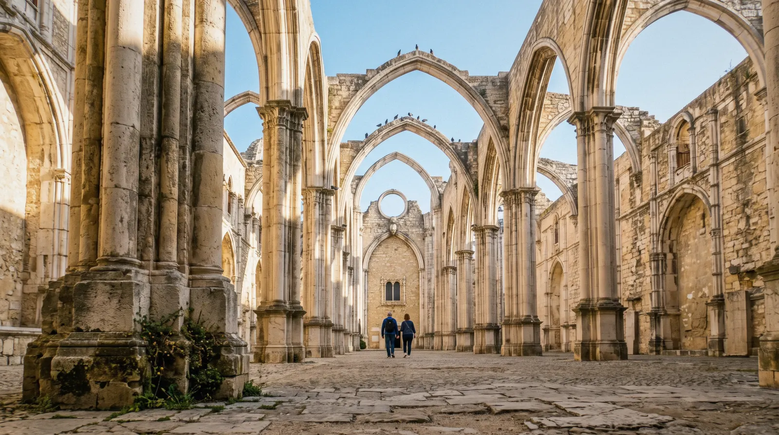 The roofless Gothic arches of the Carmo Convent against a blue sky at 08:30, Lisbon churches, two visitors small under the far arch
