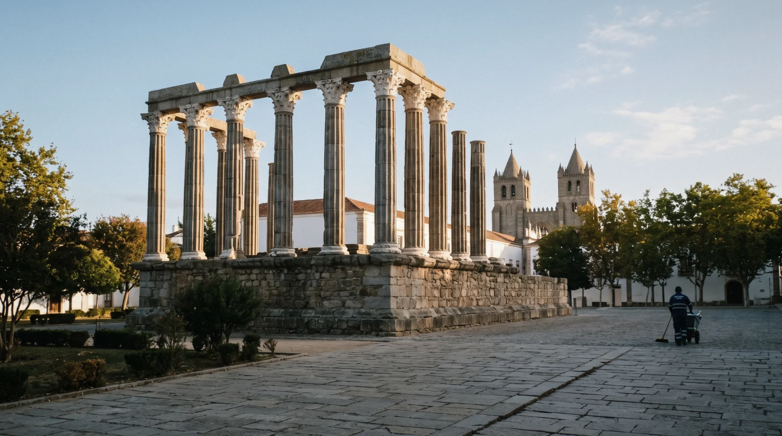 The Roman Temple of Évora in early light with the cathedral towers behind it on an Évora day trip from Lisbon