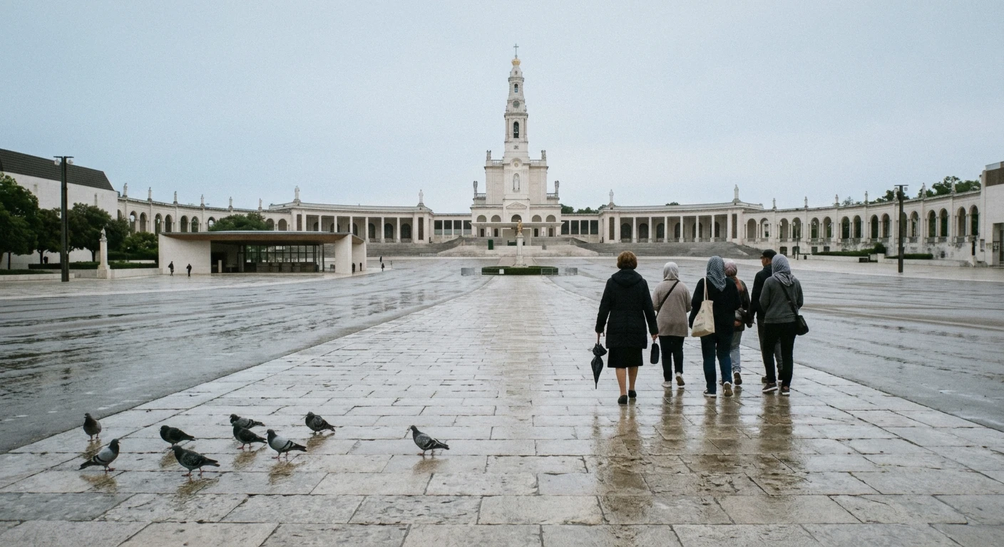 The colonnade and the Basilica of Our Lady of the Rosary across the great esplanade of the Shrine at the end of a day trip to Fátima from Lisbon