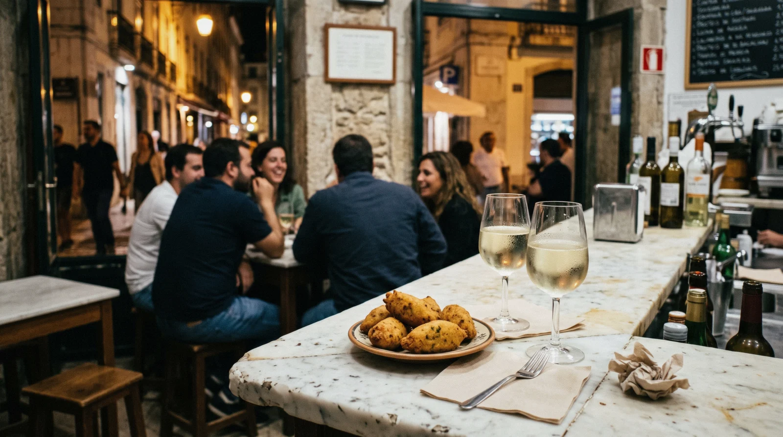 A tasca counter on Rua dos Correeiros in Baixa at 19:20 with a plate of bacalhau fritters and two glasses of vinho verde, the first stop of a Lisbon food tour