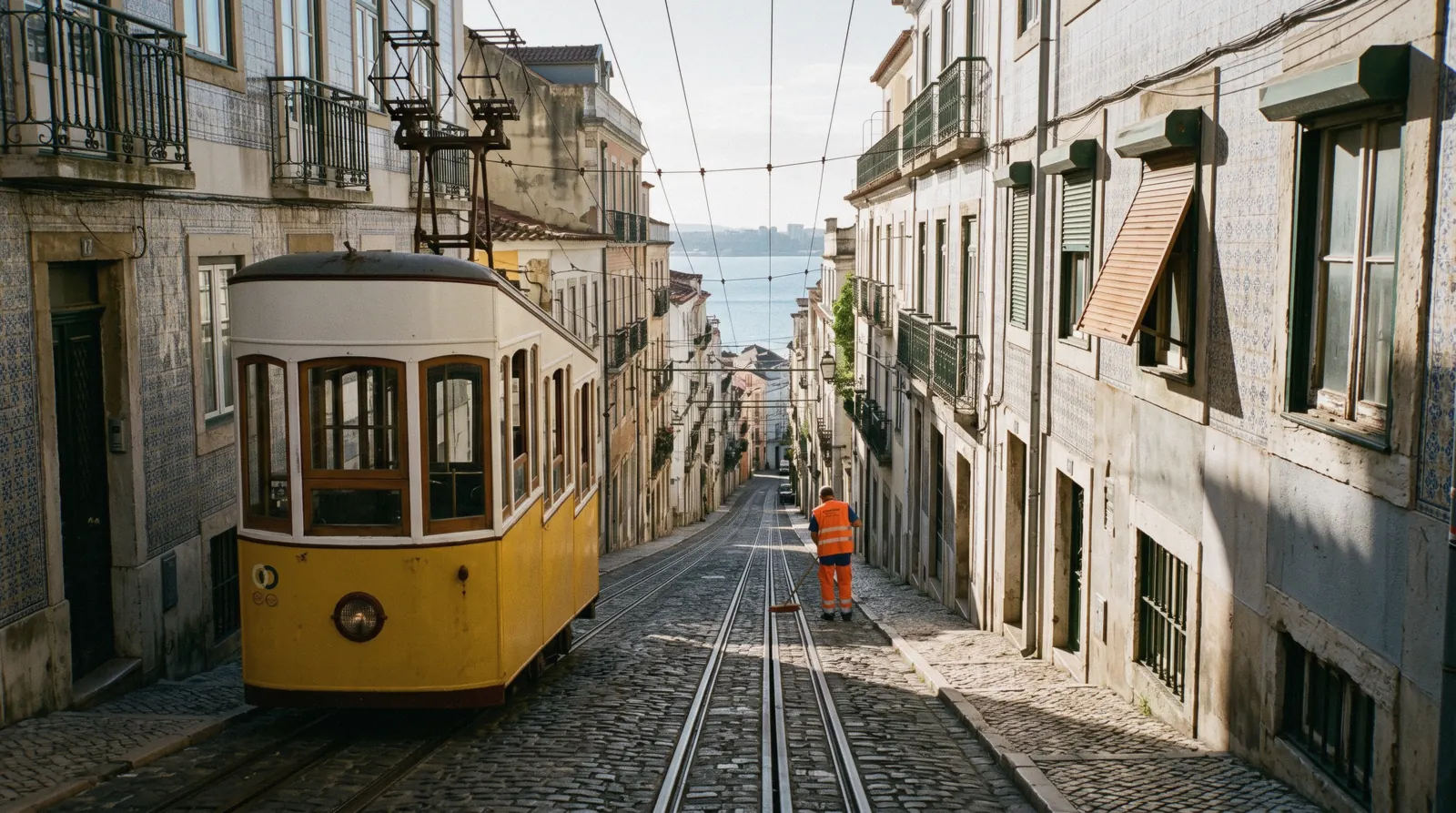 The yellow Bica funicular car parked at the top of Rua da Bica de Duarte Belo at 07:50 with the Tagus at the bottom of the street, Lisbon funiculars