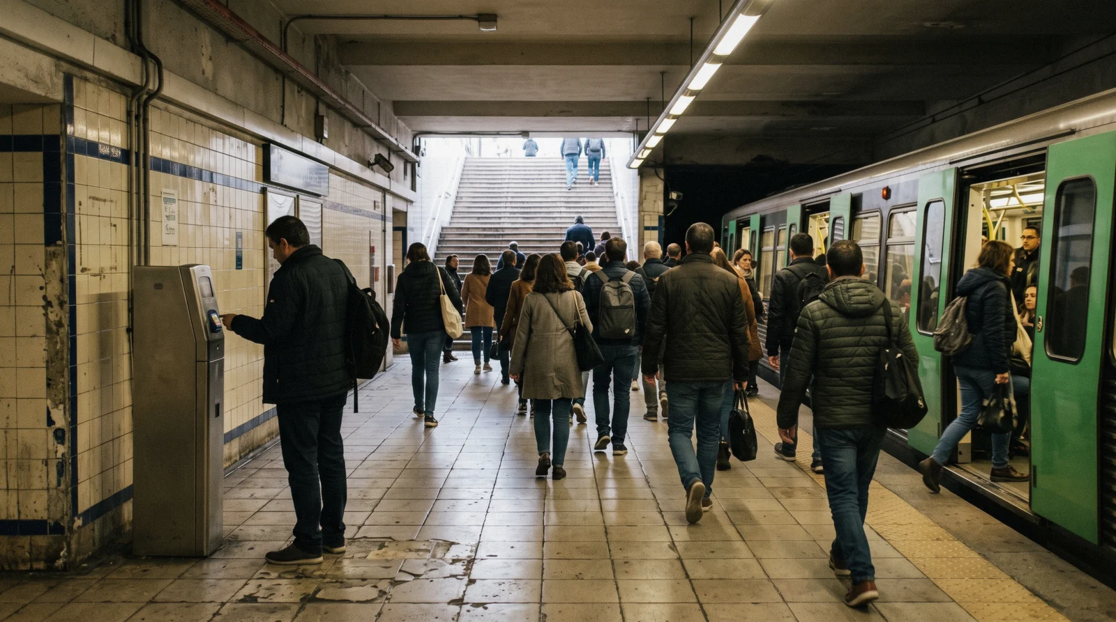 Commuters leaving a green-line metro train at Cais do Sodré for the ferry exit at 08:05, the interchange at the centre of Lisbon public transport