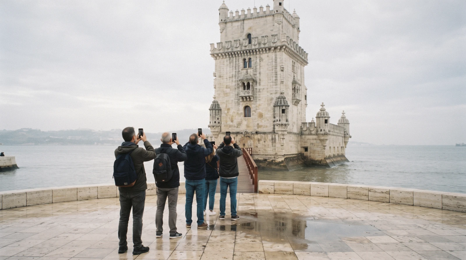 The footbridge to the river fort at Belém at nine in the morning with a short line of people holding phones at the slot check, the timed ticket that decides how far ahead to book Lisbon