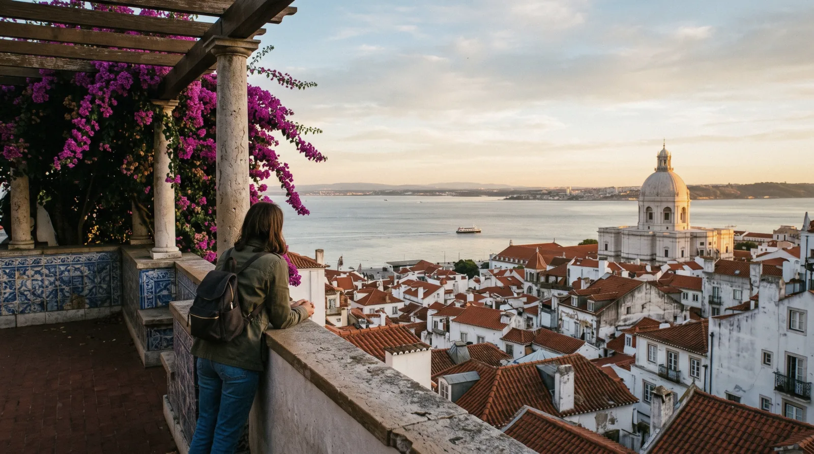 A traveller at the Miradouro de Santa Luzia at evening looking over Alfama's rooftops to the Tagus, weighing whether Lisbon is worth visiting
