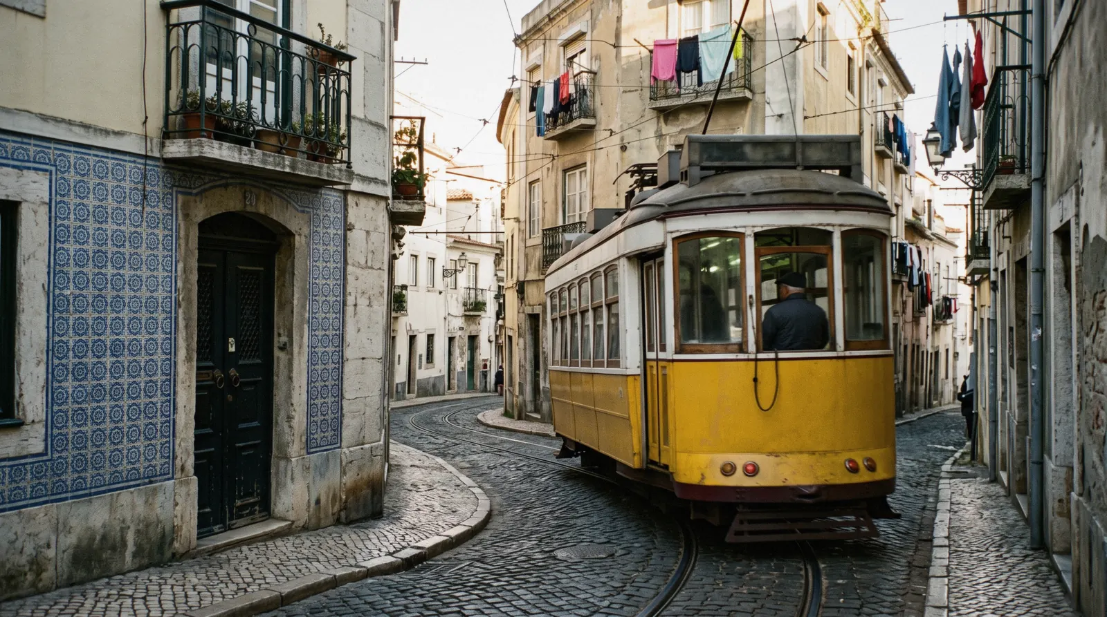 A yellow Remodelado tram climbing the narrow curve of Rua das Escolas Gerais in Alfama at half past seven in the morning with no queue, the early ride that answers whether tram 28 is worth it, Lisbon