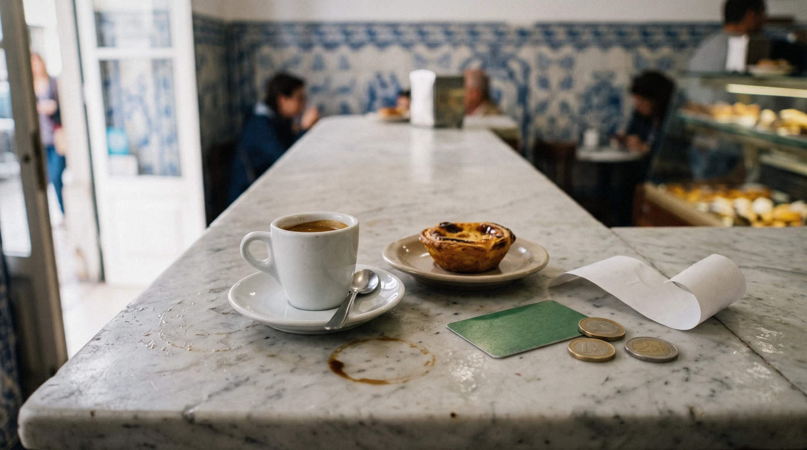 A navegante card, a coin and a receipt on the marble counter of a Baixa pastelaria at breakfast, the everyday face of what Lisbon costs