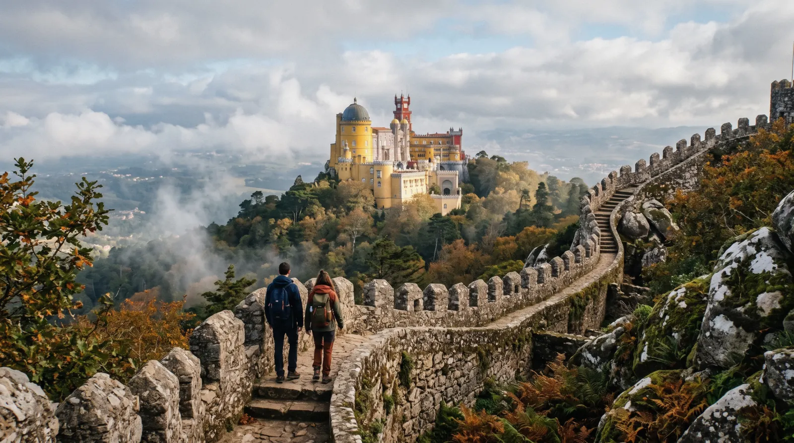 Pena Palace seen from the Moorish Castle walls at 09:50 with morning cloud lifting off the Sintra hills, the day-three view of Lisbon in 3 days