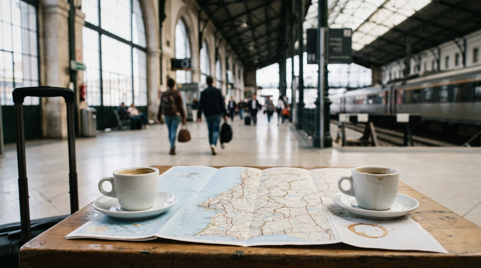 A café table with a rail ticket and a map of Portugal open between coffee cups, weighing the Lisbon or Porto decision for a first trip