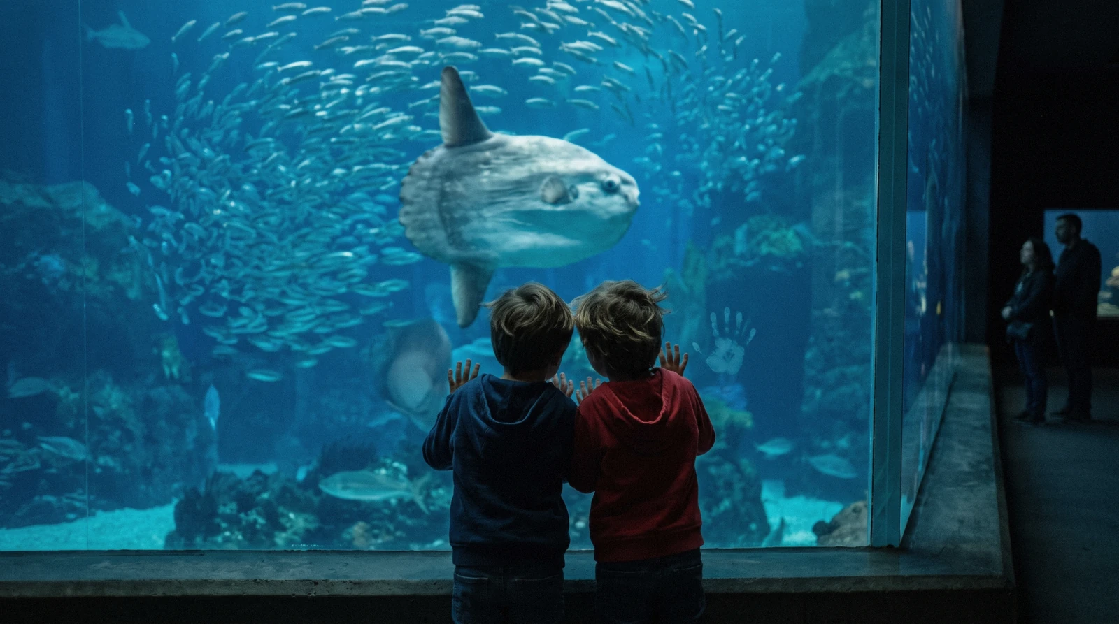 Two children pressed to the glass of the Oceanário's central tank with a sunfish passing, the first thing a family does in Lisbon with kids