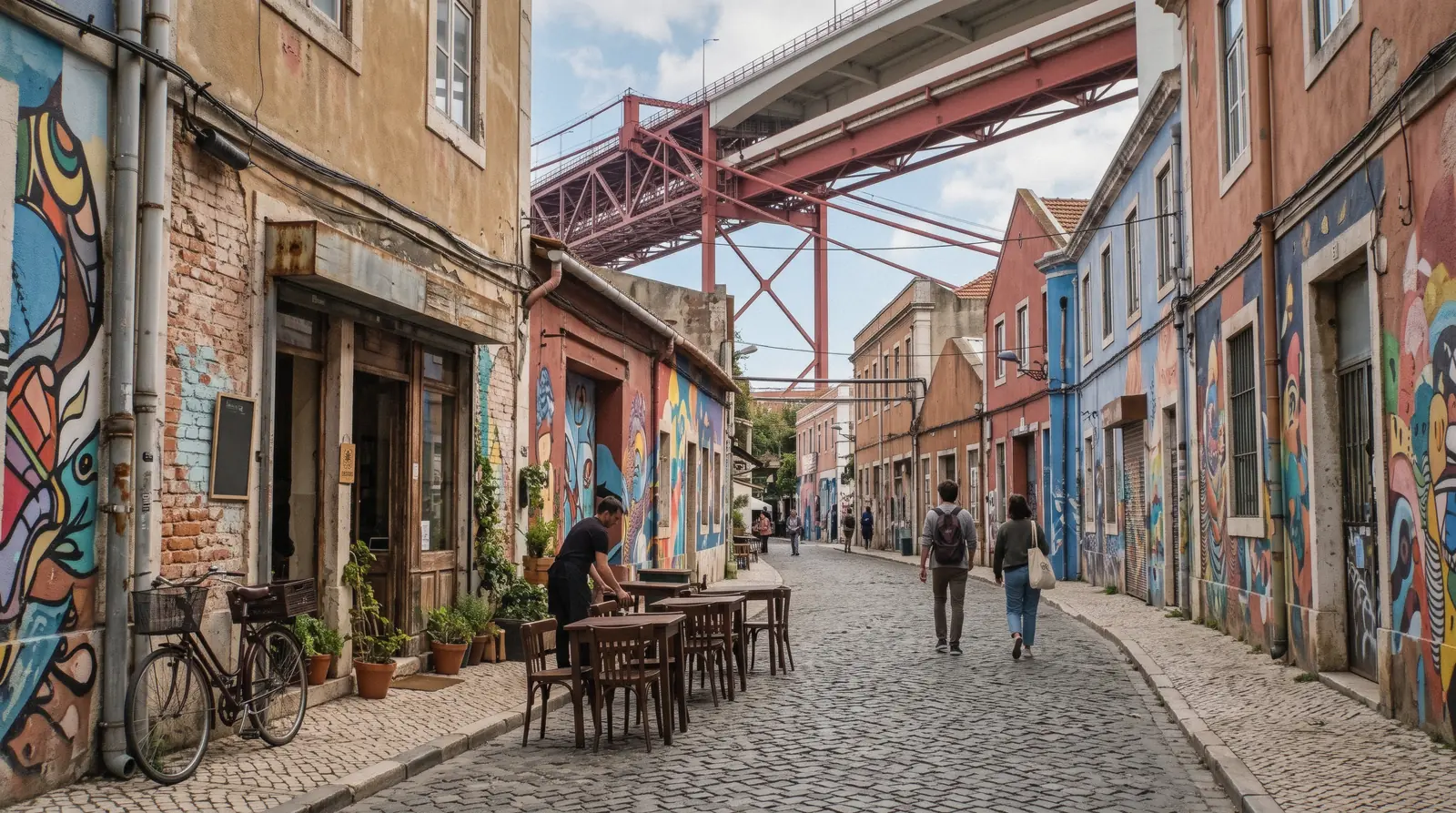 The main lane of LX Factory at 10:30 with the red steel of the 25 de Abril bridge overhead and painted brick warehouses either side, LX Factory Lisbon