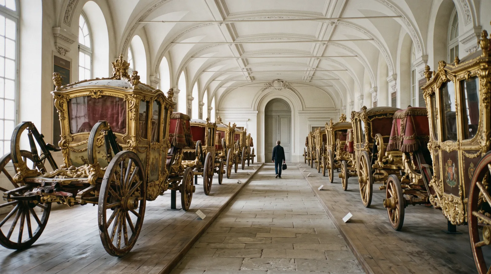 Gilded coaches in the long hall of the National Coach Museum in Belém at 10:05, Lisbon museums, one visitor small at the far end