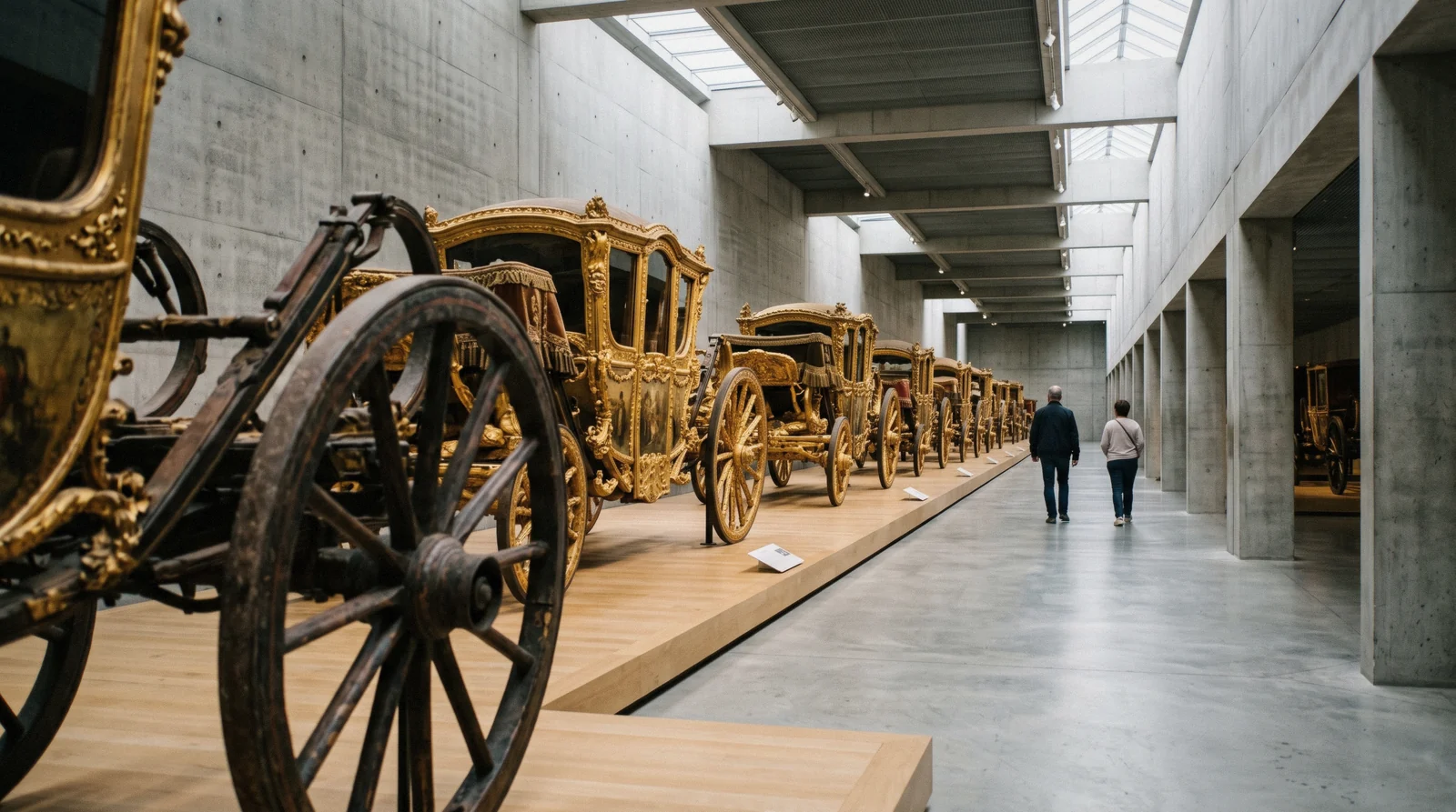 Gilded eighteenth-century carriages lined up under the concrete roof of the National Coach Museum's 2015 hall at 10:10, National Coach Museum Lisbon