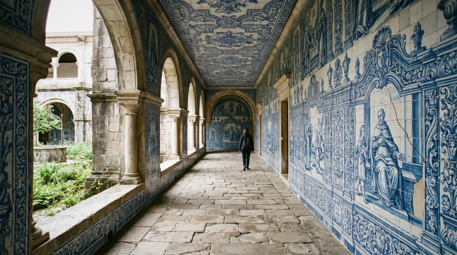 Blue-and-white azulejo panels on the cloister wall of the Madre de Deus convent, National Tile Museum Lisbon, in soft morning light