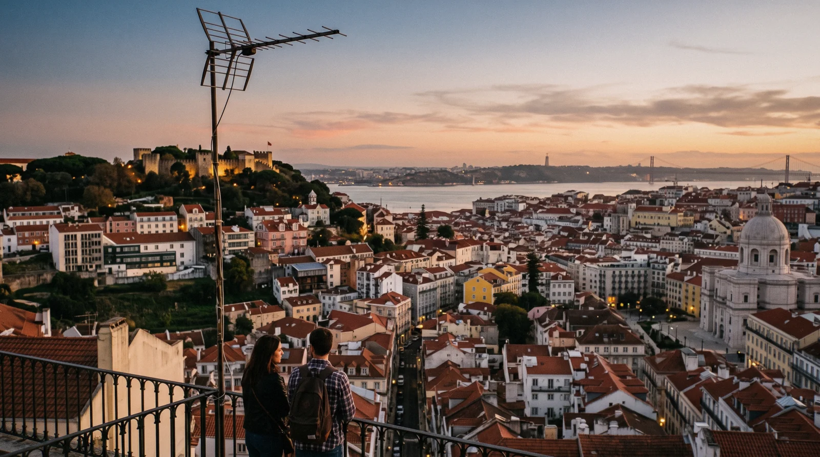 The rooftops of the Lisbon neighbourhoods from the Graça miradouro at 18:40, Baixa's grid below, the castle hill to the left and the river beyond