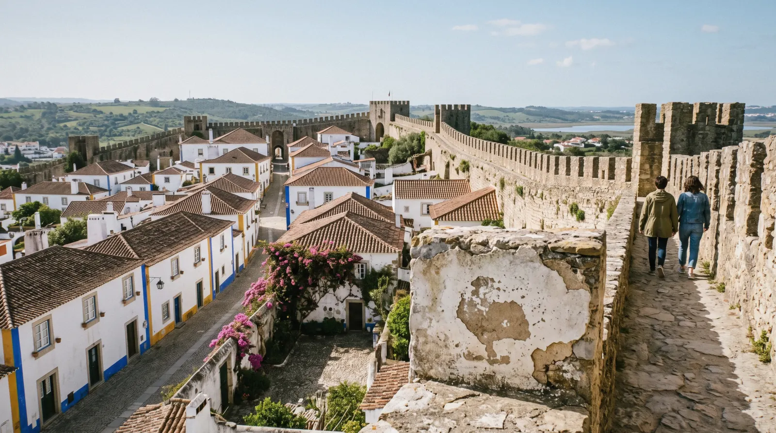 Whitewashed houses with blue and yellow trim below the crenellated town walls on a morning in Óbidos from Lisbon