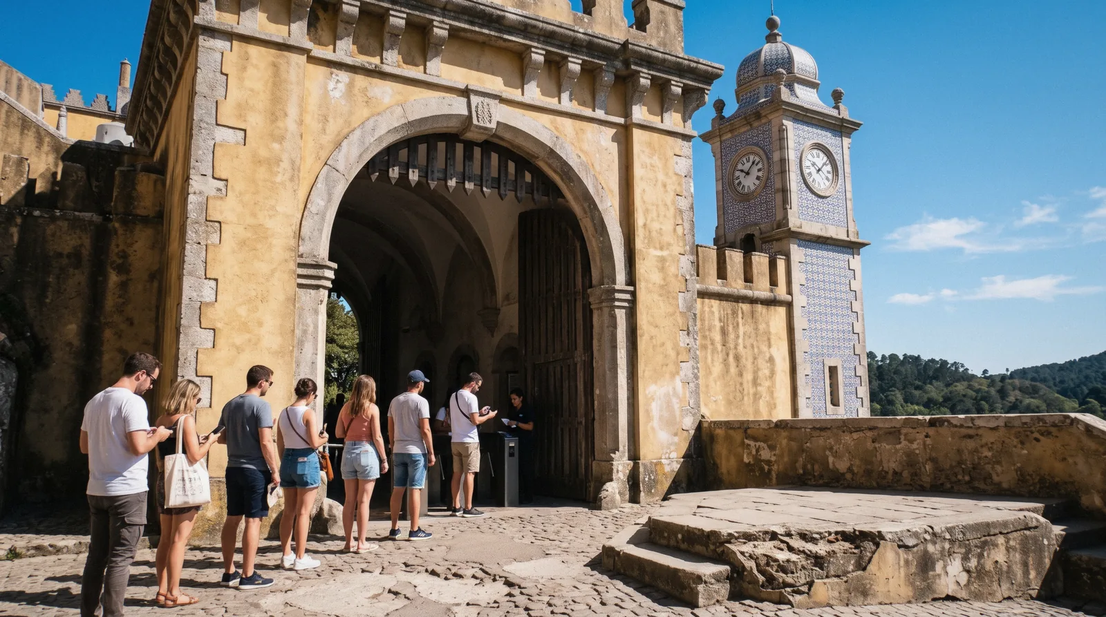 The Monumental Gate and clock tower of Pena Palace in Sintra at the palace door where Pena Palace tickets are scanned at the booked time