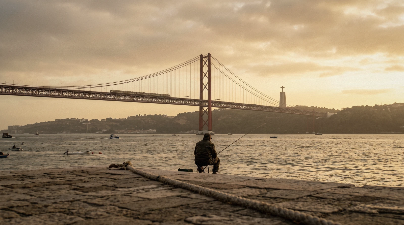 The red towers of the Ponte 25 de Abril from the Alcântara riverside at 18:40 with a train crossing the lower deck and Cristo Rei on the far bank, Ponte 25 de Abril Lisbon