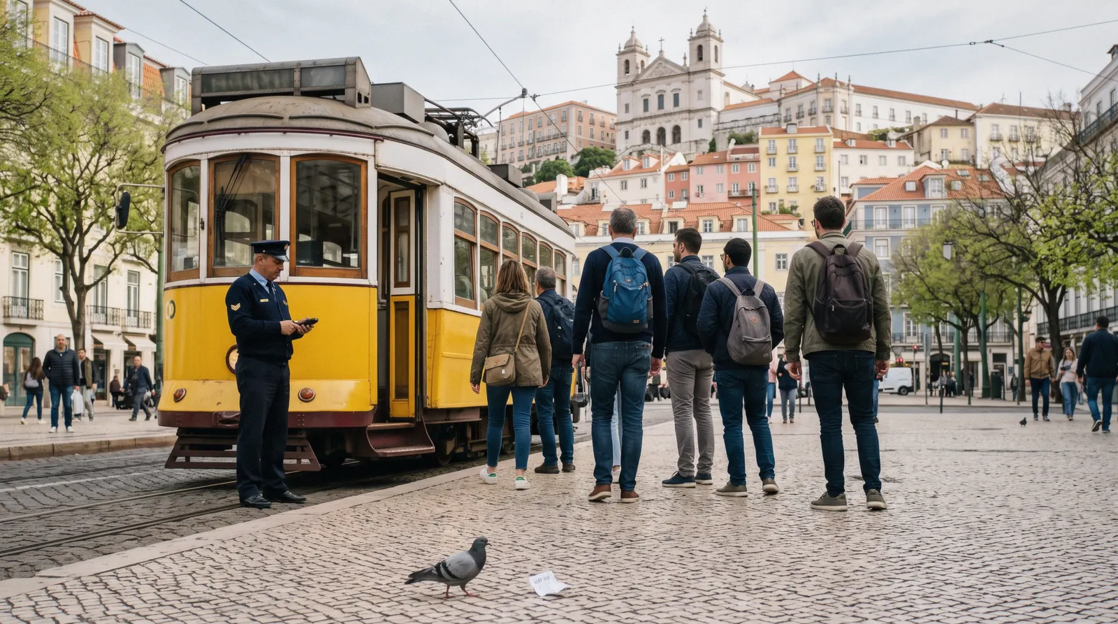 The tram 28 stop at Martim Moniz at nine in the morning with a queue of visitors and a Carris inspector, the one place Lisbon safety advice actually applies