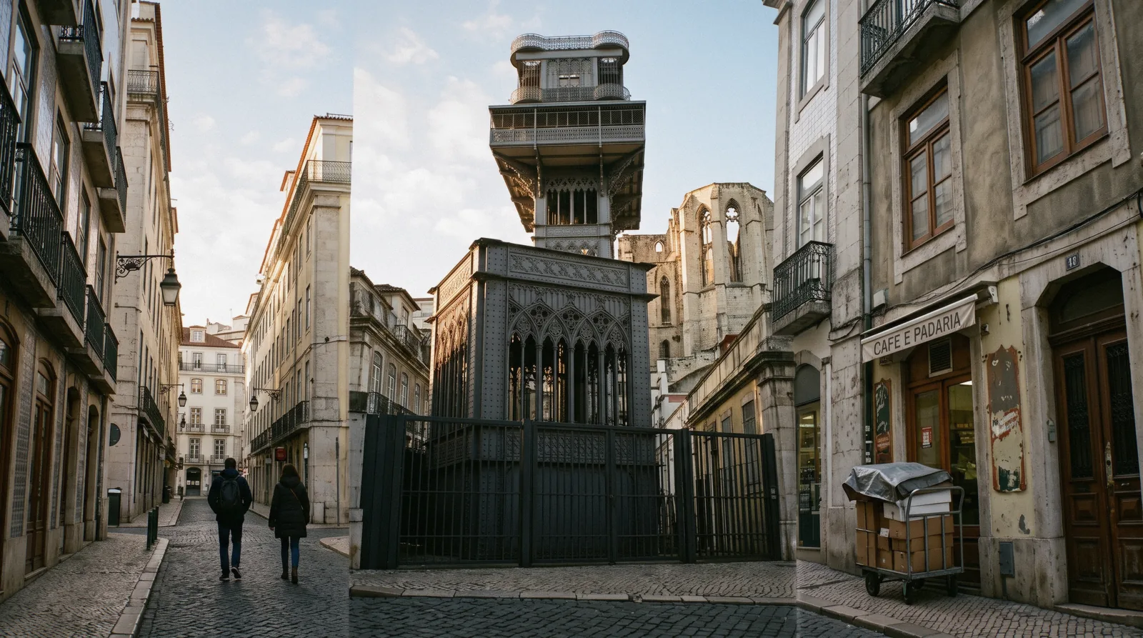 The iron tower of the Santa Justa Lift above Rua de Santa Justa at 08:20 with the Carmo ruins behind, Santa Justa Lift Lisbon