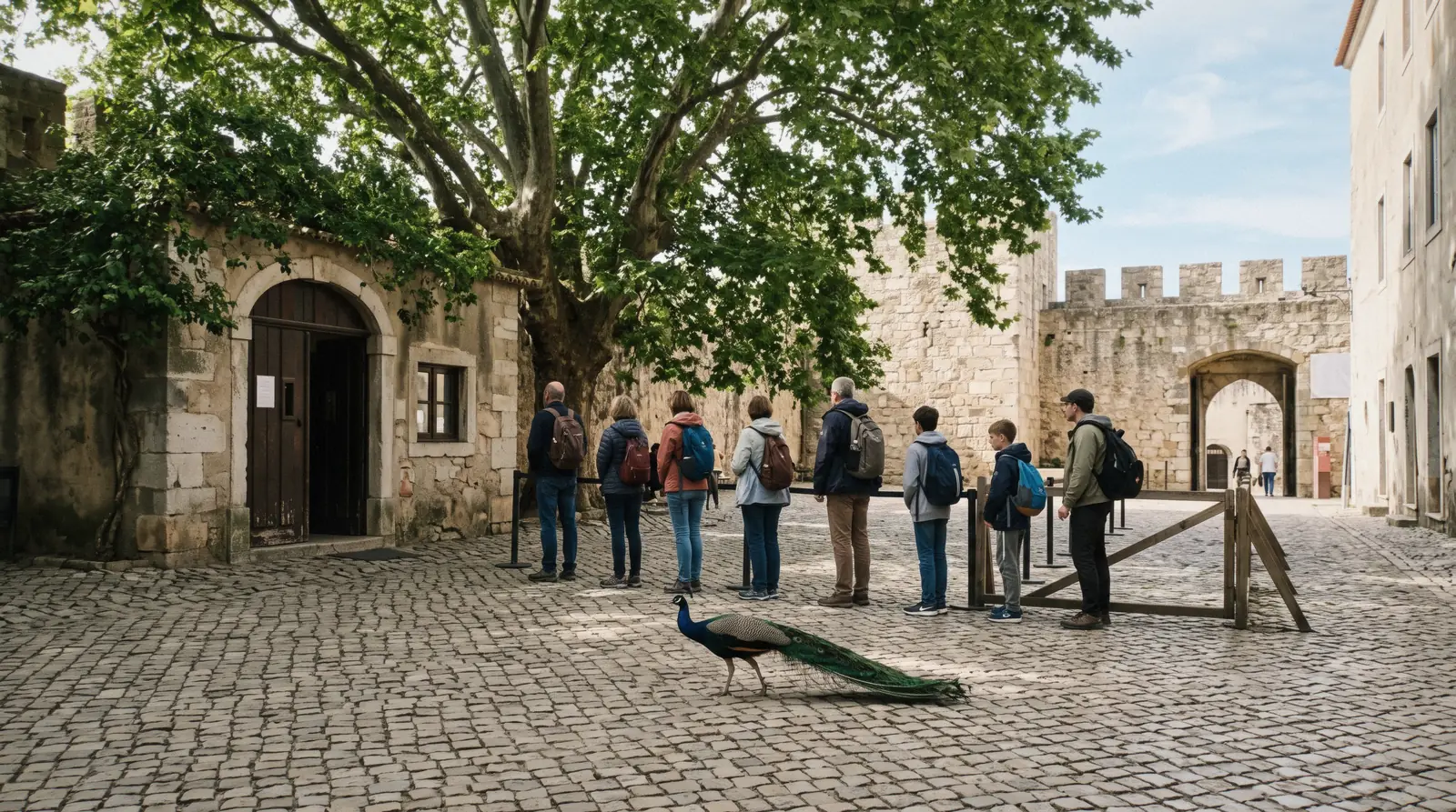 The ticket office square inside the gate of Castelo de São Jorge at 09:05 with a short queue under the big tree, where Castelo de São Jorge tickets are checked