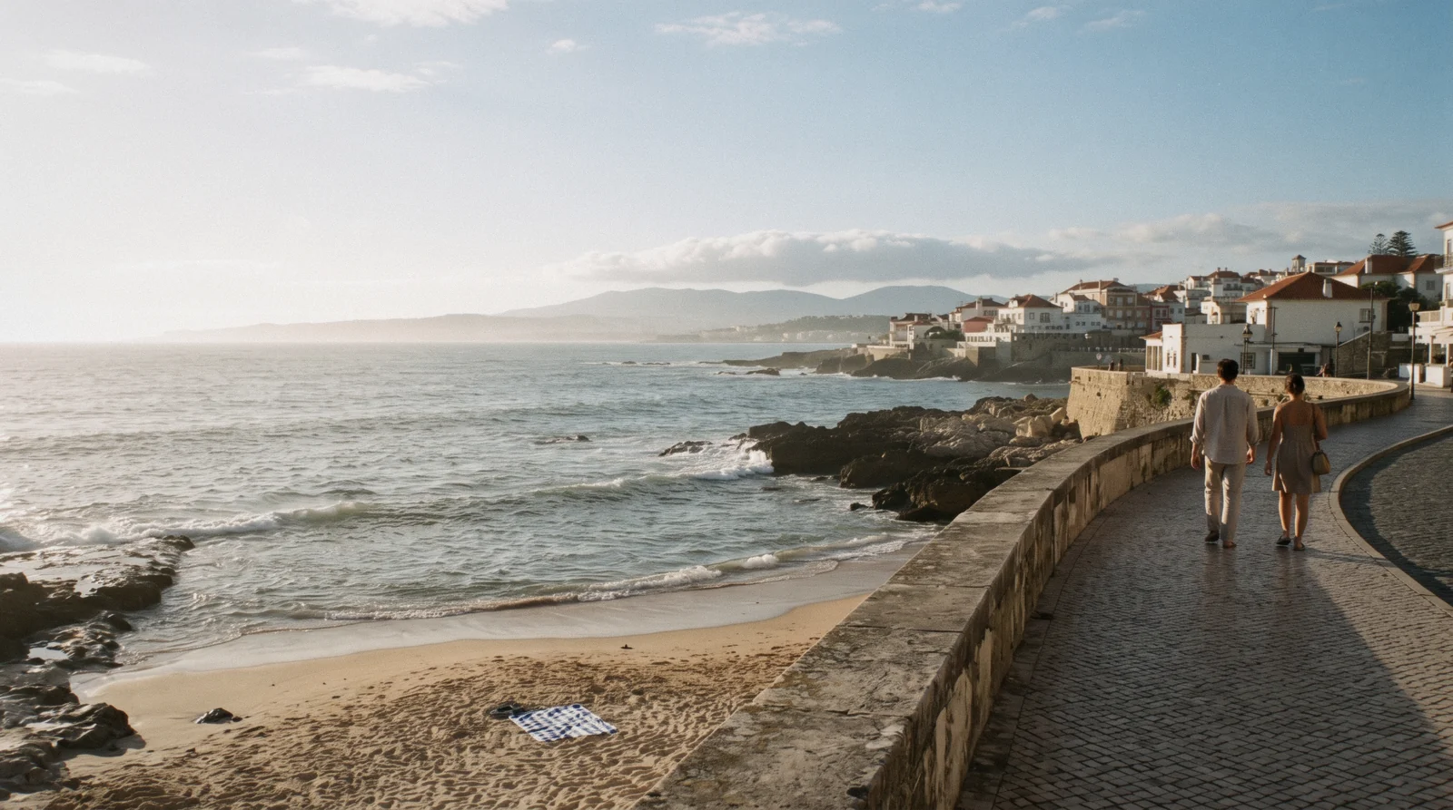 Pena Palace on its wooded ridge at left and the Cascais seafront at right in one split morning view, the Sintra or Cascais day-trip choice from Lisbon