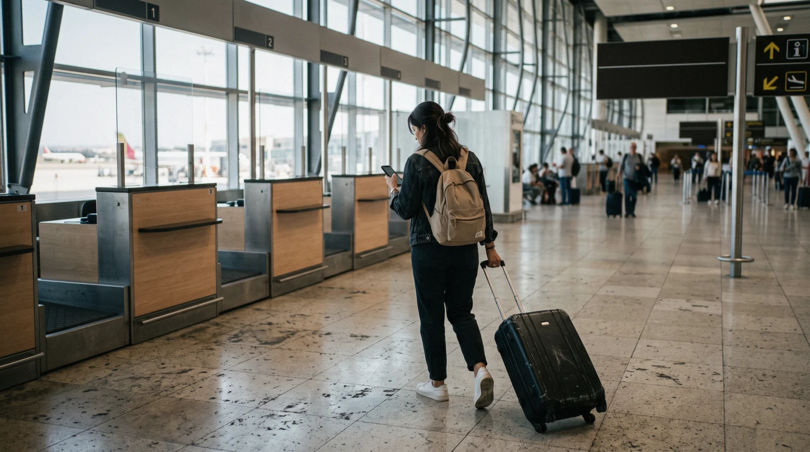 A traveller checking a phone beside the arrivals-hall SIM counters at Lisbon airport, the first Lisbon SIM card decision of a trip