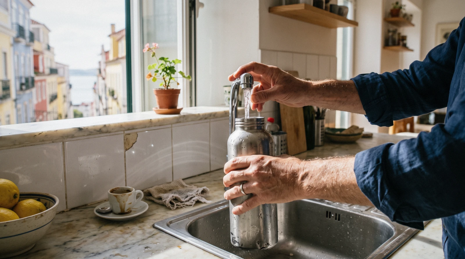 A reusable bottle being refilled at a kitchen tap in a Lisbon apartment, where Lisbon tap water is safe to drink everywhere