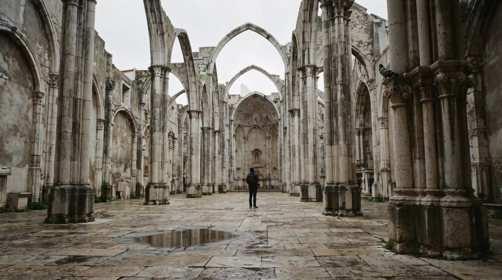The roofless Gothic arches of the Carmo church open to a pale morning sky above the Rossio, the memorial the 1755 Lisbon earthquake left standing