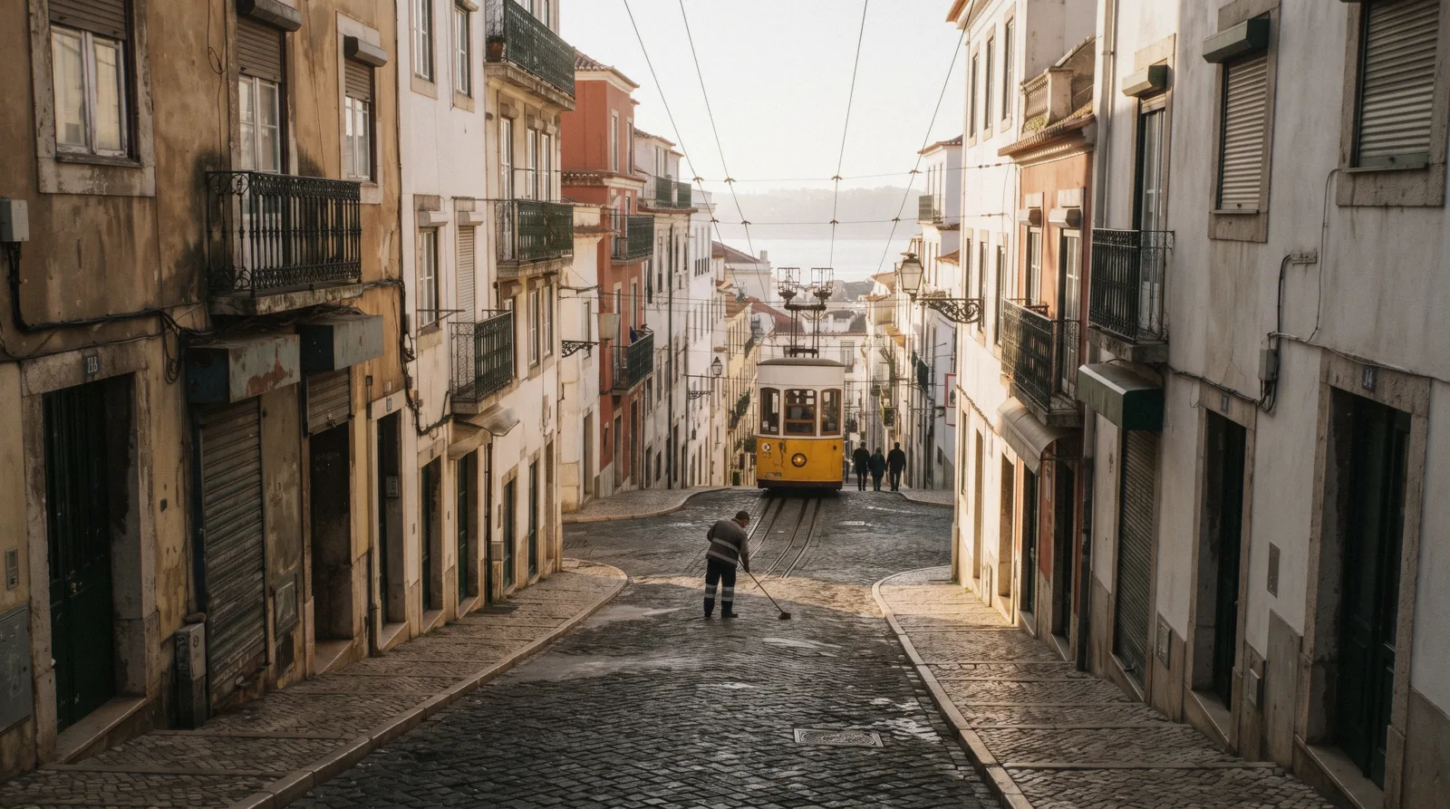 The yellow Bica funicular car parked at the top of Rua da Bica de Duarte Belo at 08:10, one of the things to do in Lisbon that is currently closed