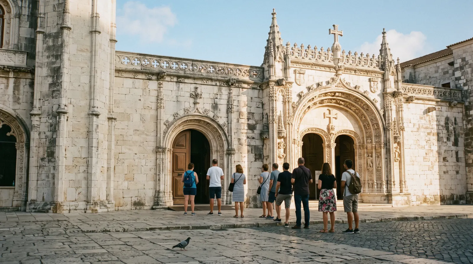 The ticket-office doorway of the Jerónimos cloister on Praça do Império at 09:20 with a short queue, buying Lisbon attractions tickets