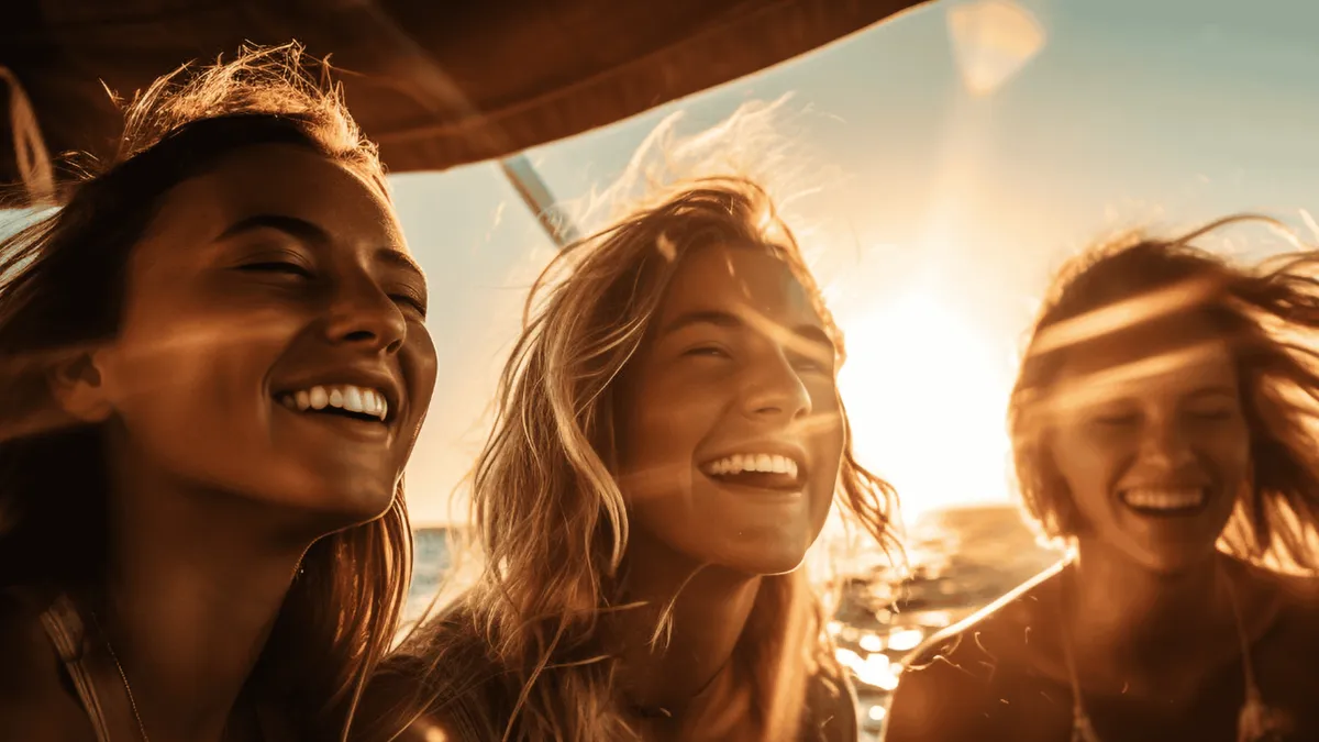 Crowd dancing on deck at sunset on a Lisbon sunset boat party cruise with DJ and open bar on the Tagus