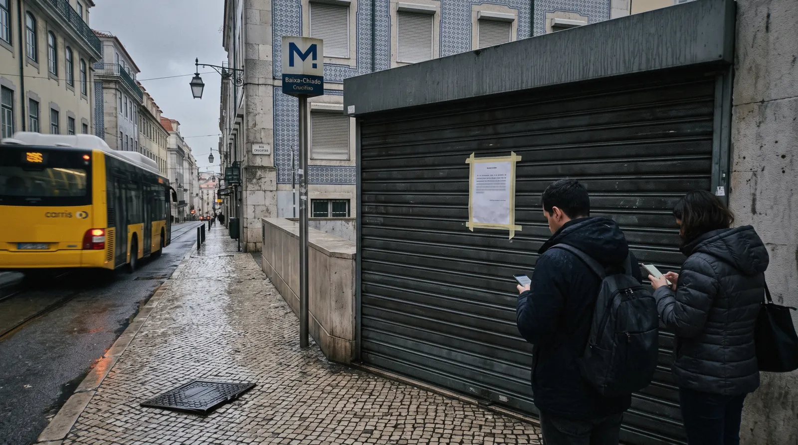 Closed metal gate across a Lisbon metro station entrance on a strike morning, the picture Lisbon strikes leave behind at Baixa-Chiado