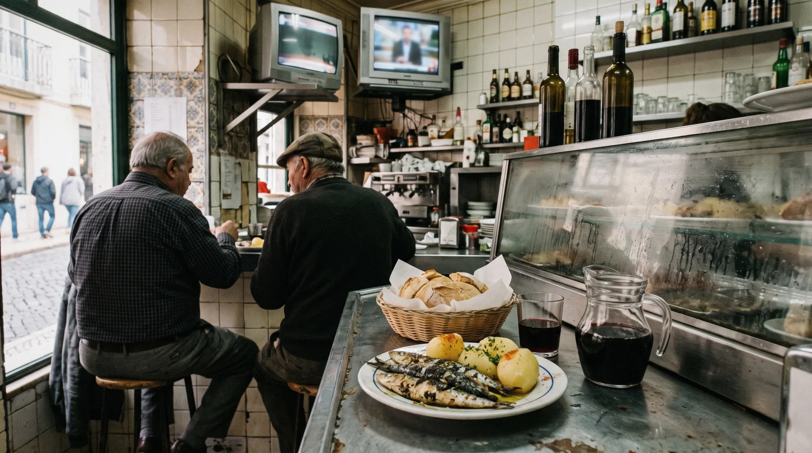 A tasca counter in Bairro Alto at lunchtime with a plate of grilled sardines and bread on the zinc, the everyday answer to where to eat in Lisbon